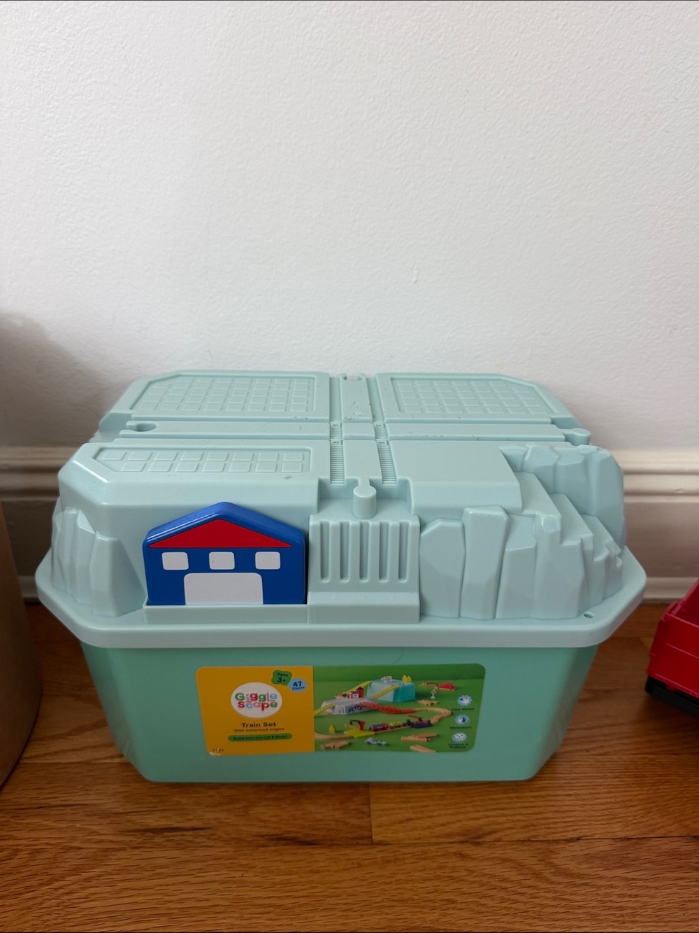 Gigglescape wooden train set with storage bin